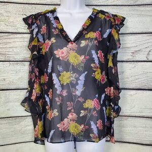 Paige Women’s L Ruffle Sleeve Floral Blouse Black Sheer V-Neck Romantic Top